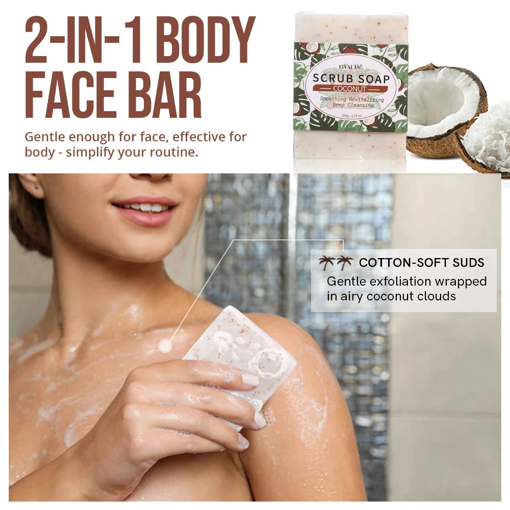 2-in-1 body face bar with packaging, coconut illustration, and person using it on shoulder.
