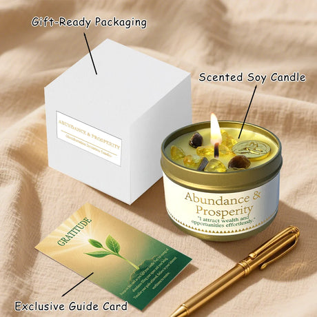 Scented soy candle with gift-ready packaging, exclusive guide card, and pen on a beige fabric background.