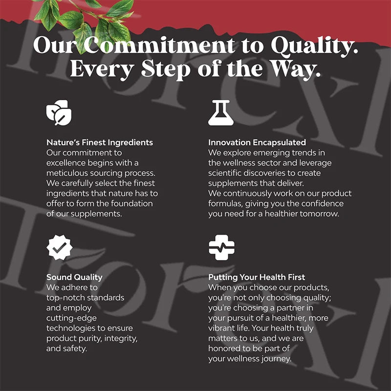 Advertisement highlighting a company's commitment to quality and health with text and icons on a dark background.