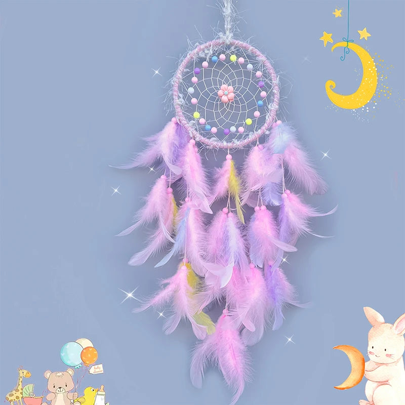 Colorful dreamcatcher with feathers on a blue background with cartoon elements