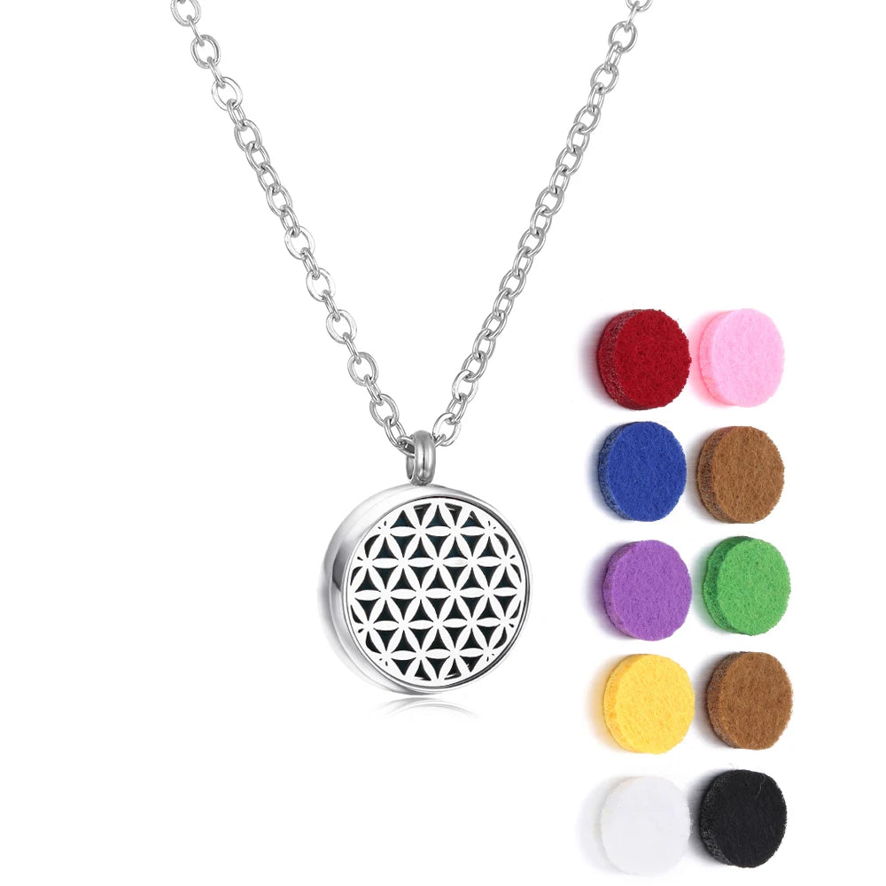 Necklace with a silver pendant and colorful felt pads on a white background