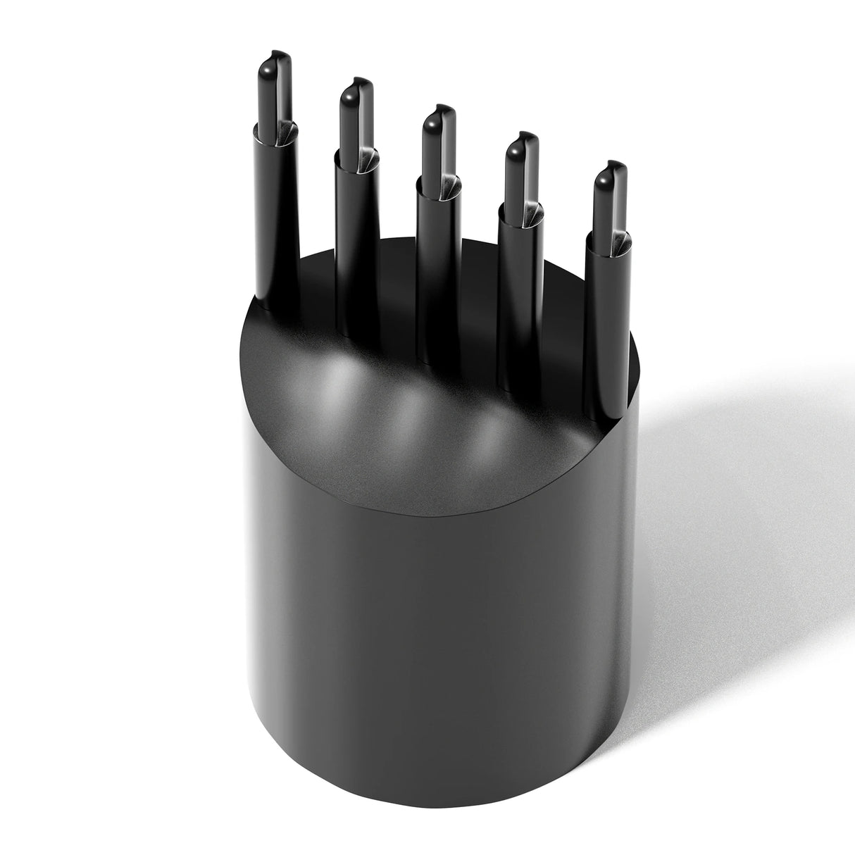 Black cylindrical holder with multiple prongs on a white background