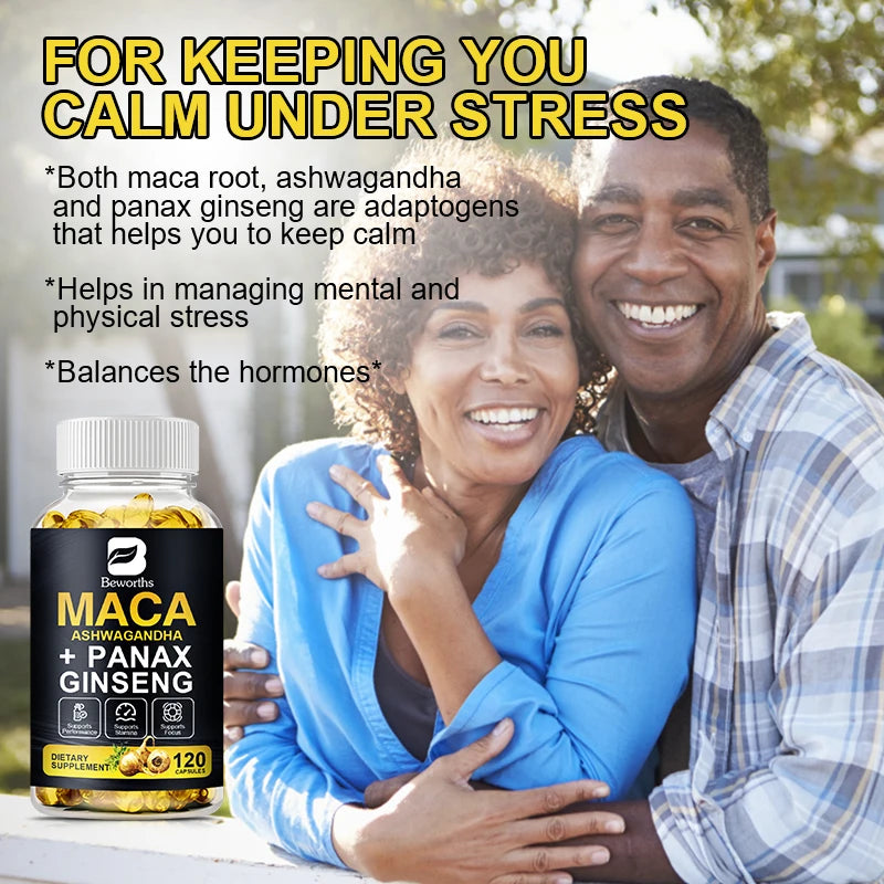 Couple embracing outdoors with a bottle of maca, ashwagandha, and panax ginseng supplement.