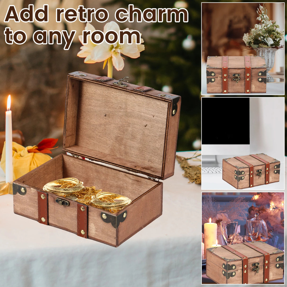 Wooden jewelry box with retro charm, surrounded by decorative elements like candles and flowers.