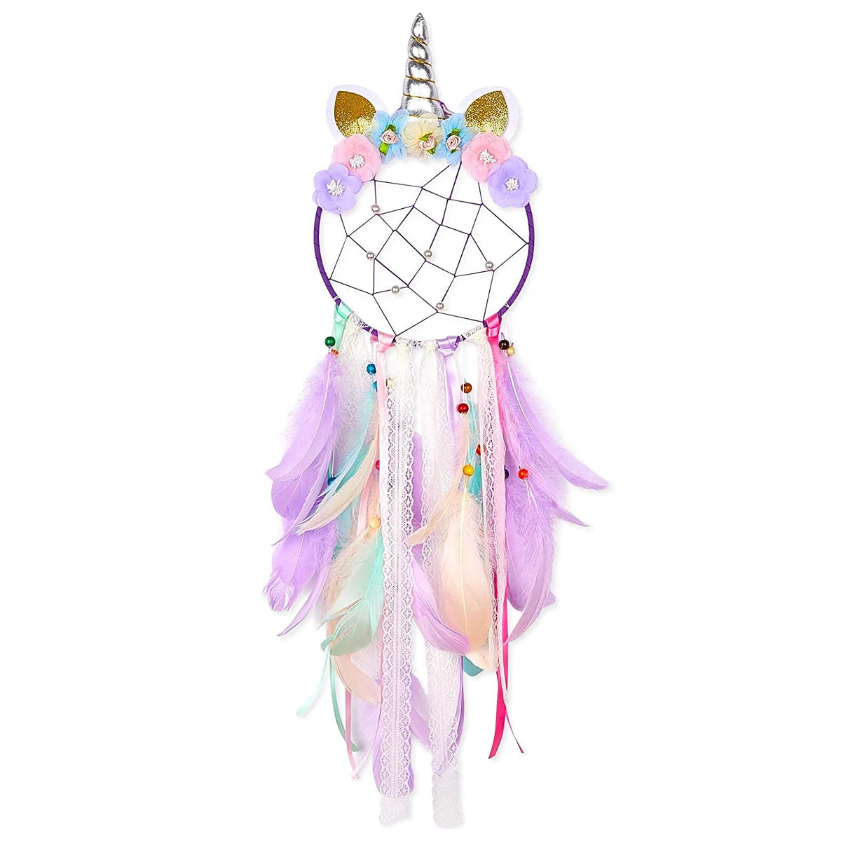 Colorful dreamcatcher with feathers and unicorn horn on a white background