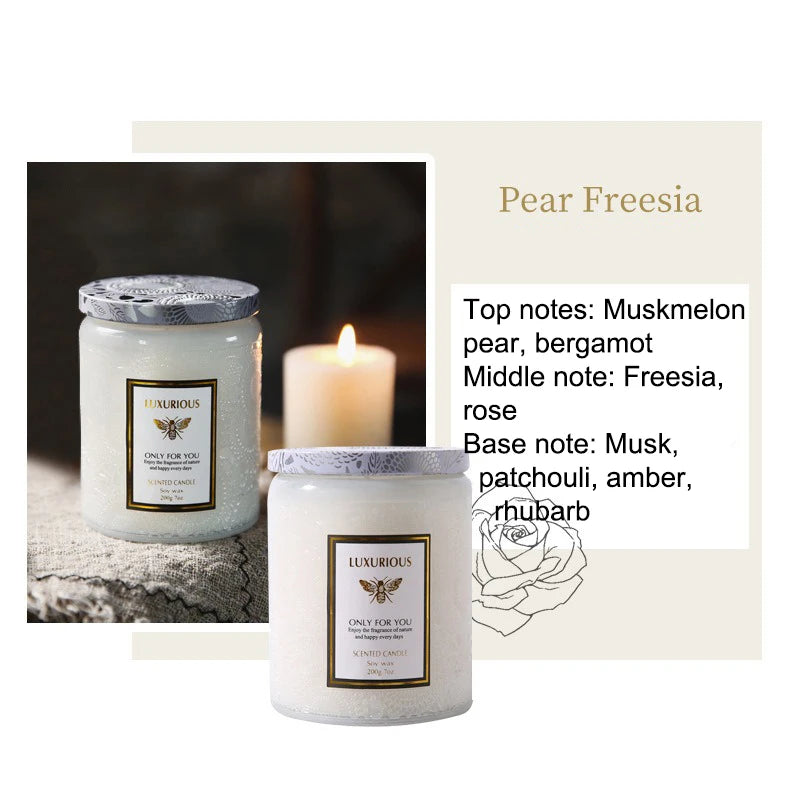 Two candles with labels and a description of their fragrance profile on a white background.