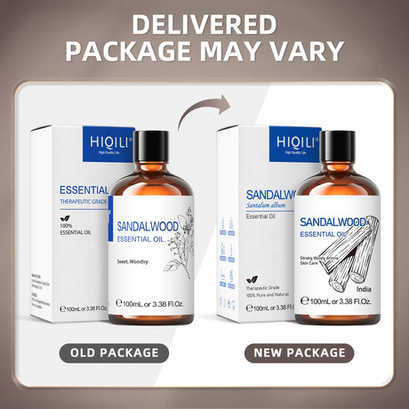 Comparison of old and new packages of Hiqili Sandalwood essential oil bottles.