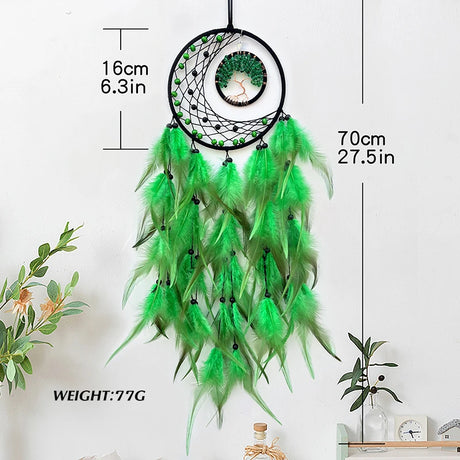 Green dreamcatcher with measurements and weight displayed on a white background