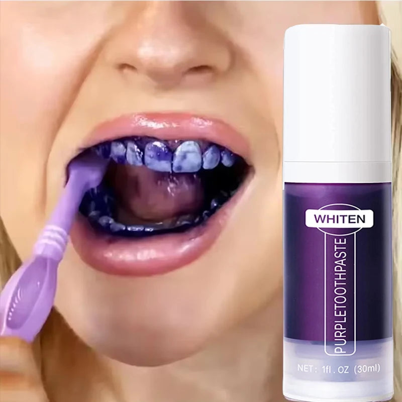 Person using purple toothpaste and brush with 'Whiten' branded toothpaste container.