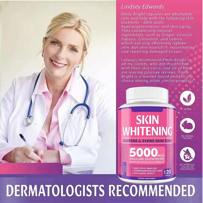 Advertisement for Skin Whitening capsules with a doctor and product packaging.