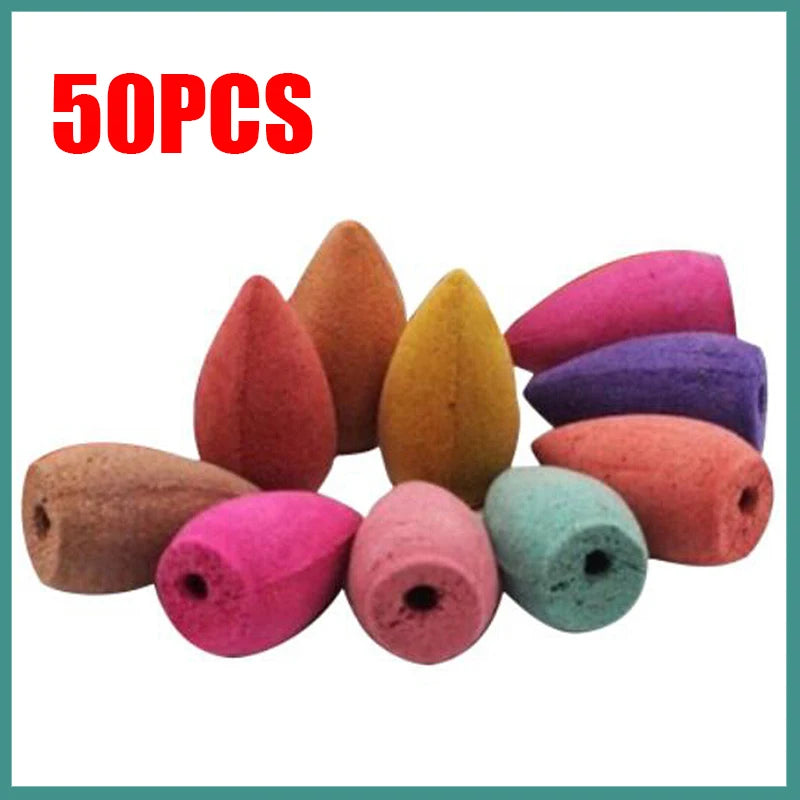 Assorted colored cone-shaped incense sticks with '50PCS' text on a white background.