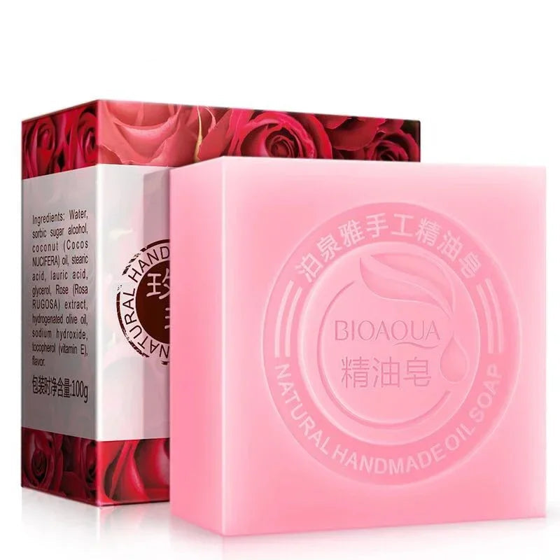 Bioaqua pink soap bar and packaging with rose design on a white background