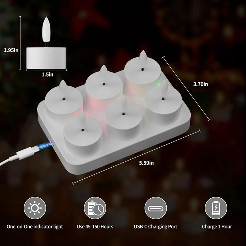 White electronic candle holder with USB-C charging port and indicator lights, shown with measurements and features.