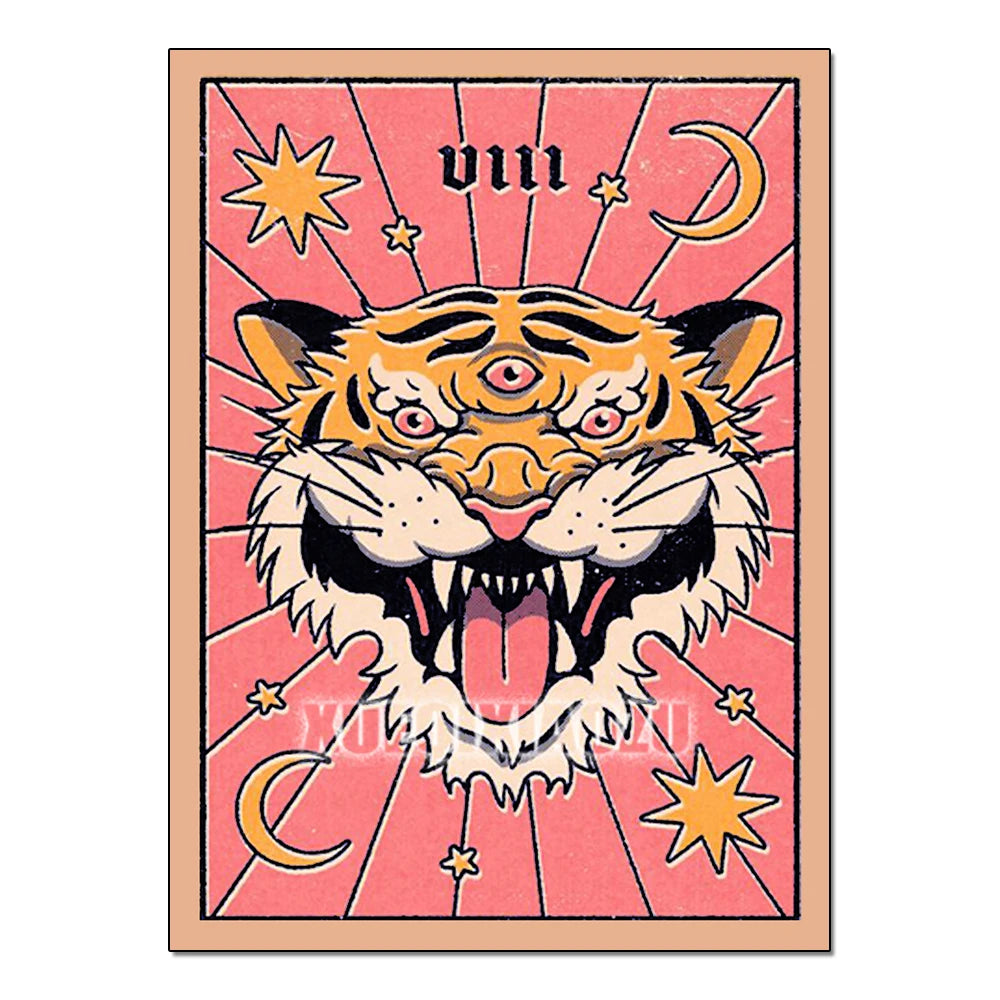 Illustration of a roaring tiger with celestial elements on a pink background