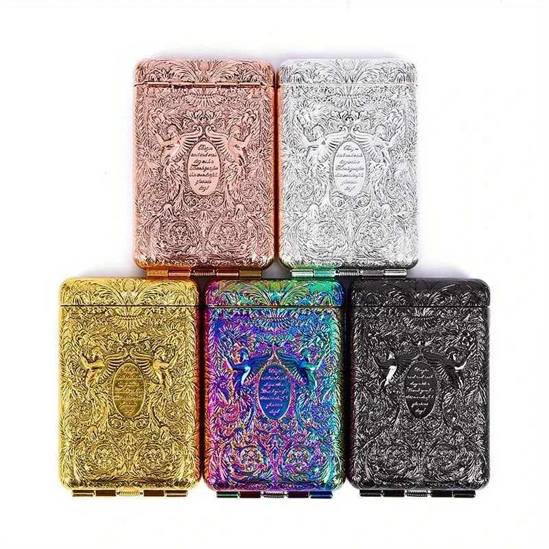 Five ornate, embossed metal cases in various colors on a white background