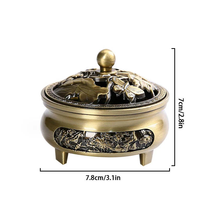Bronze incense burner with floral designs and measurements on a white background