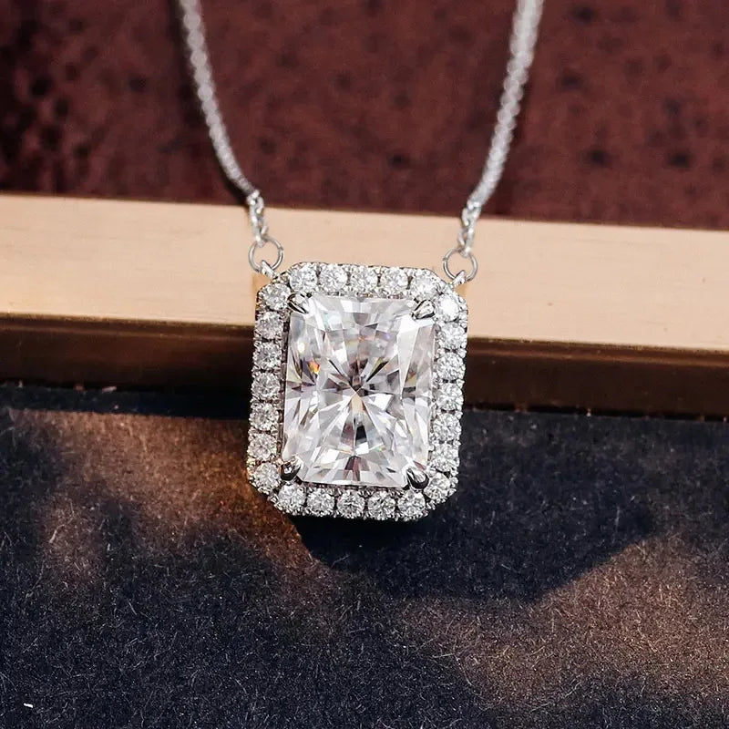 Diamond necklace on a wooden stand with a dark textured background