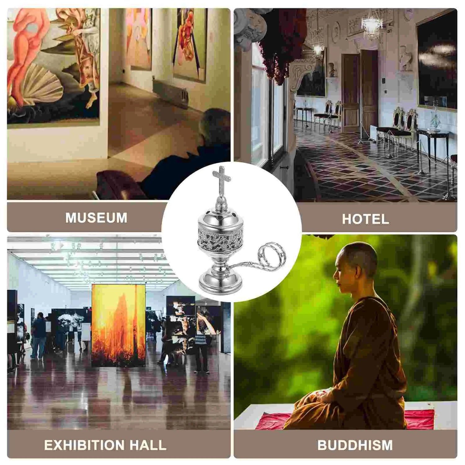 Collage of images from a museum, hotel, exhibition hall, and a monk in a Buddhist setting with a central religious object.