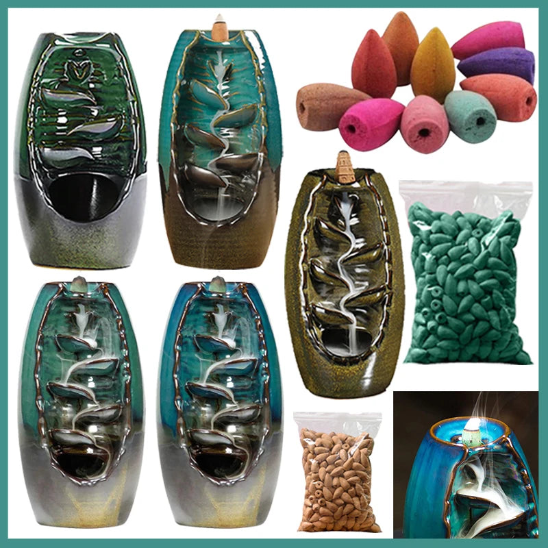 Collage of incense burners and accessories including different designs, incense cones, and sticks.