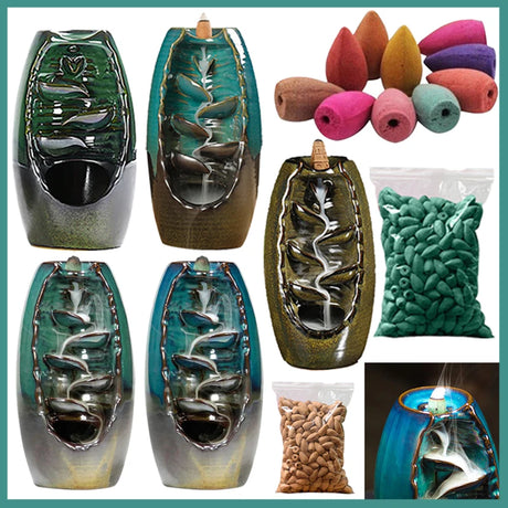 Collage of incense burners and accessories including different designs, incense cones, and sticks.