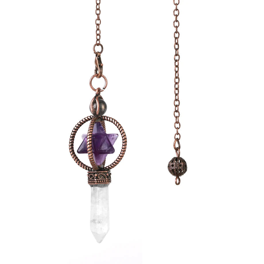 Necklace with purple star-shaped pendant and clear crystal on a white background