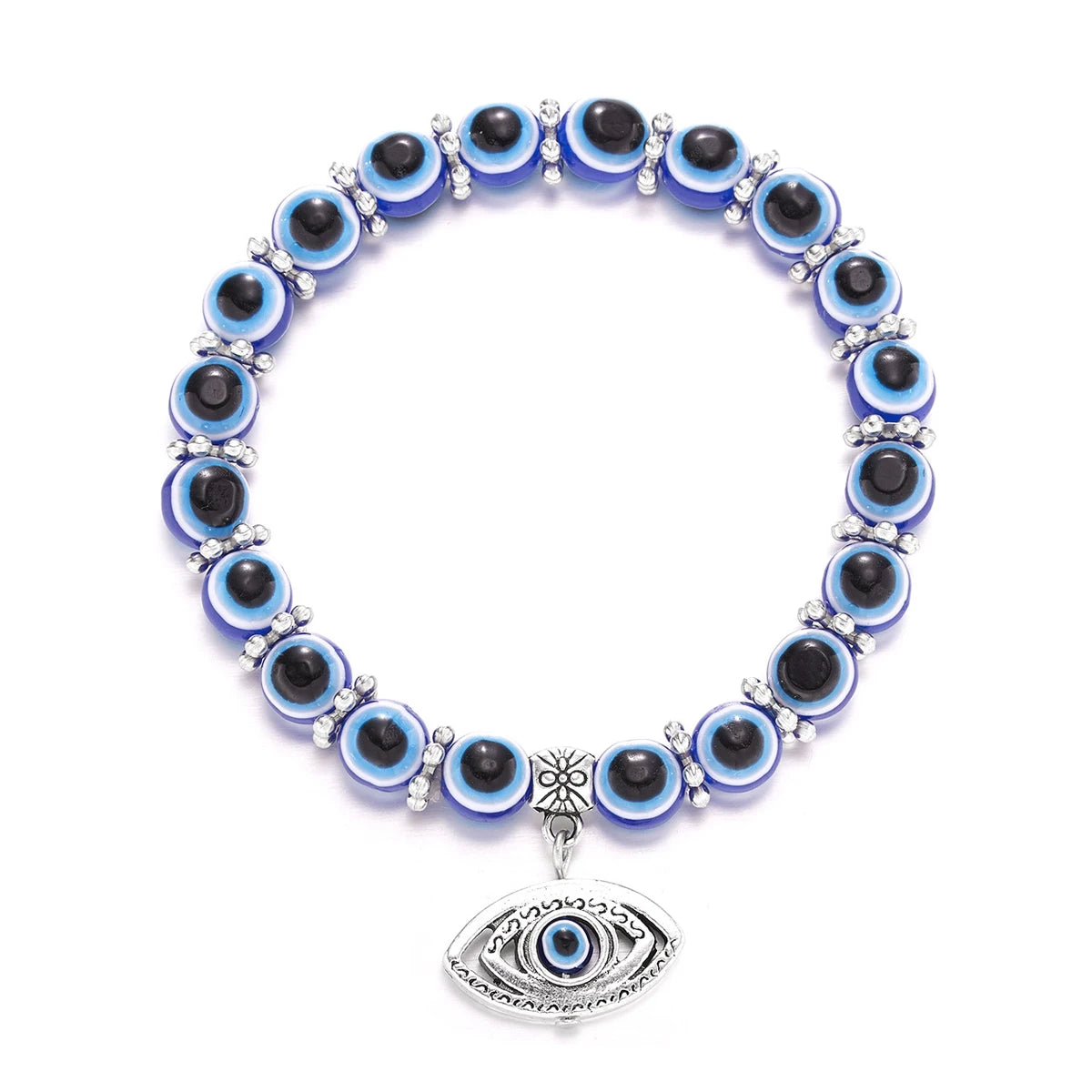 Bracelet with blue and black eye-shaped beads on a white background