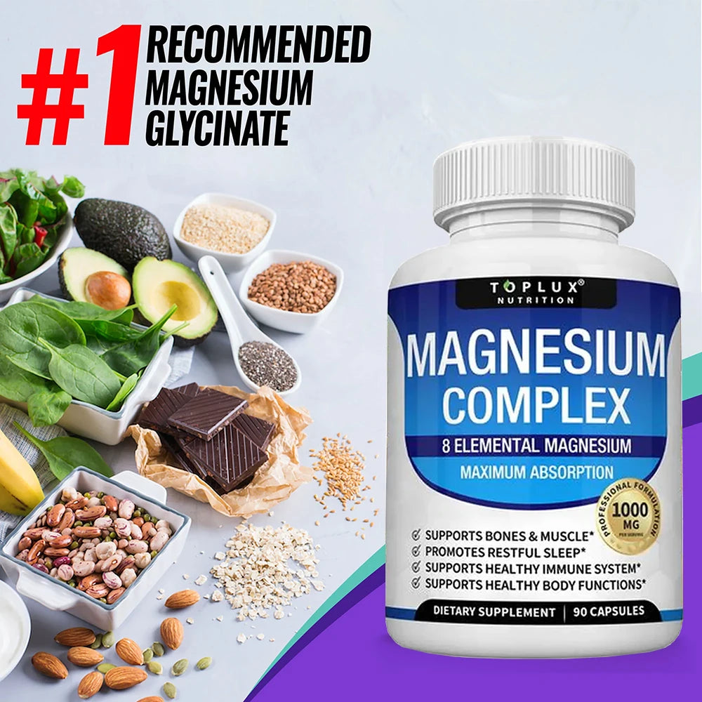 Bottle of magnesium complex supplement with health benefits listed, surrounded by healthy foods on a light background.