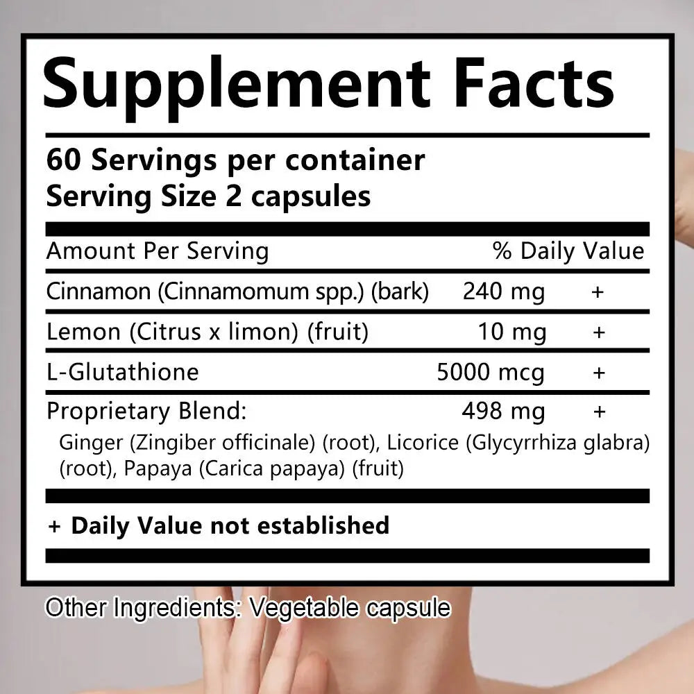 Supplement facts label with various ingredients and their amounts per serving.