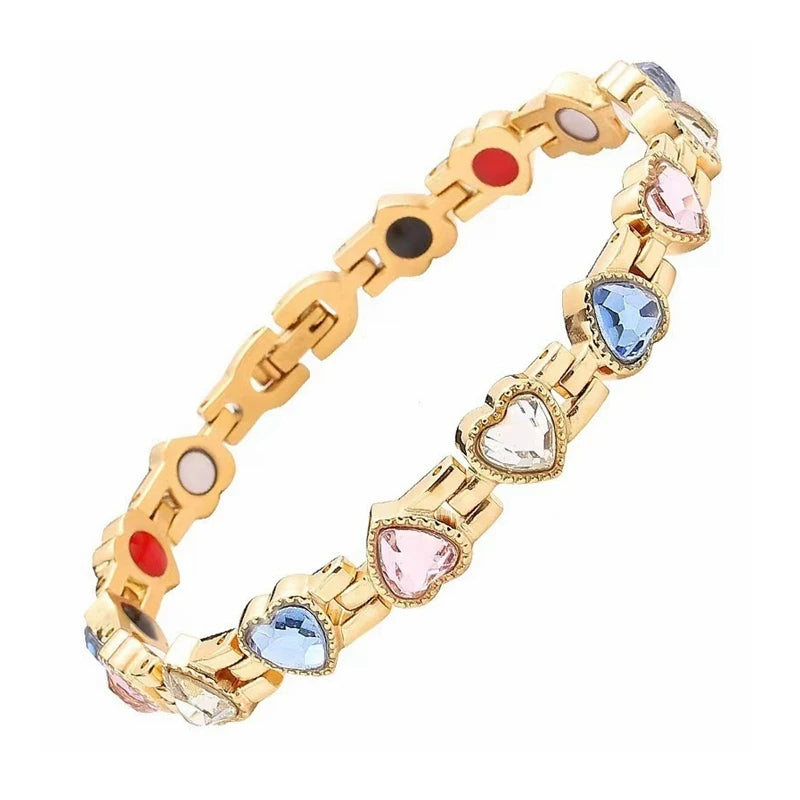 Gold bracelet with colorful heart-shaped gemstones on a white background