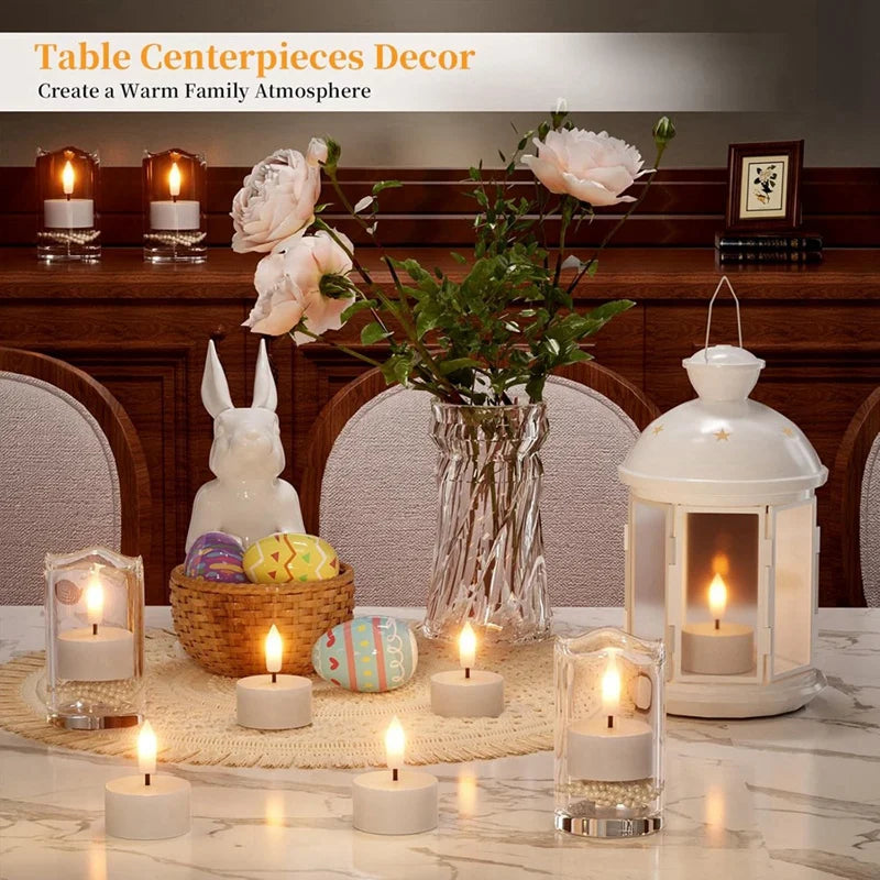 Table centerpiece with candles, flowers, and decorative items on a dining table.