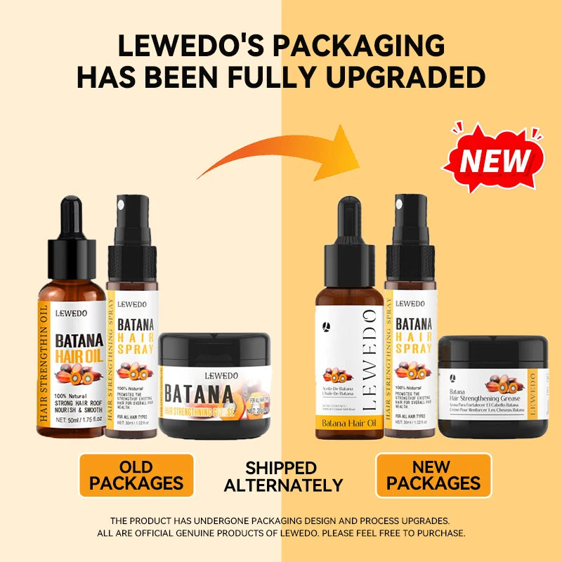 Comparison of Lewedo's old and new packaging for Batana hair care products on a beige and orange background.