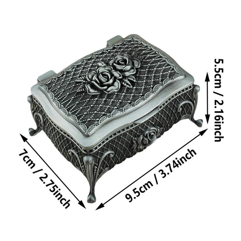Decorative jewelry box with rose design and dimensions on a white background