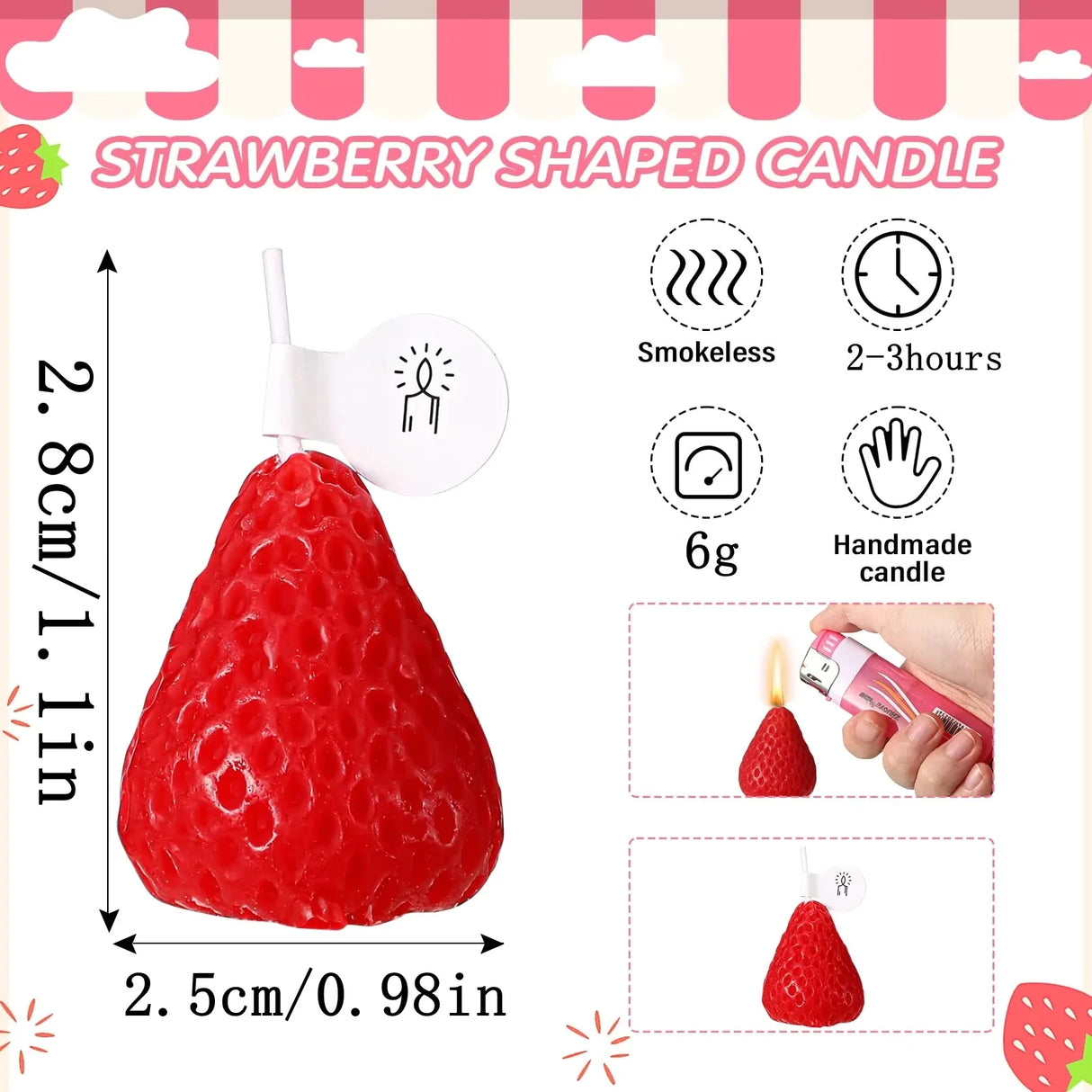 Strawberry-shaped candle with dimensions and features on a pink and white striped background