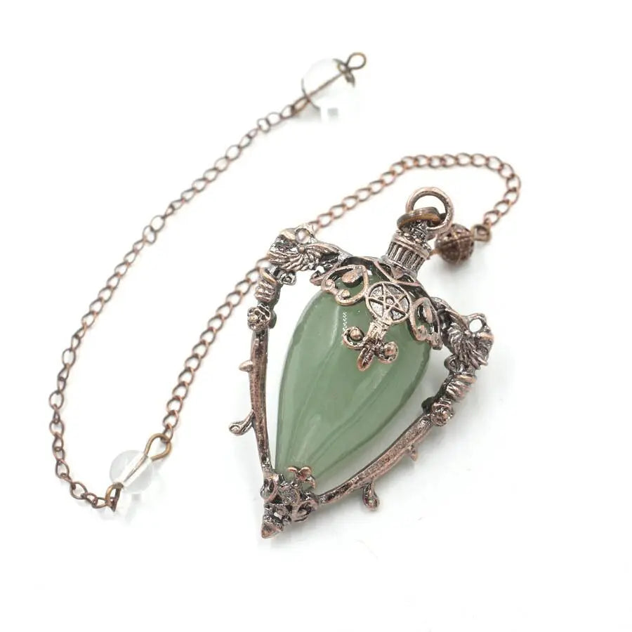 Decorative necklace with a green pendant on a white background