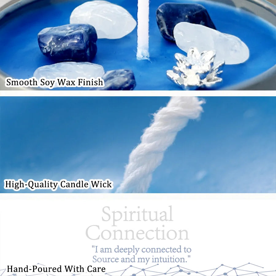 Candle with smooth soy wax finish and high-quality candle wick, featuring text about spiritual connection and care.