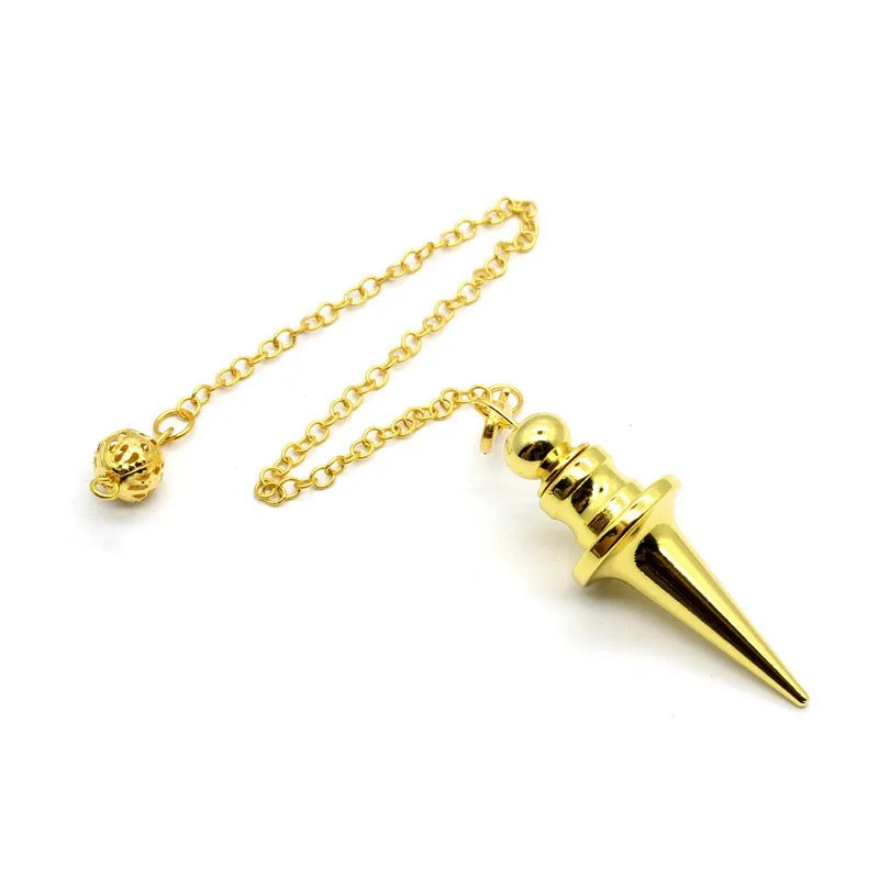 Gold spike pendant on a chain against a white background