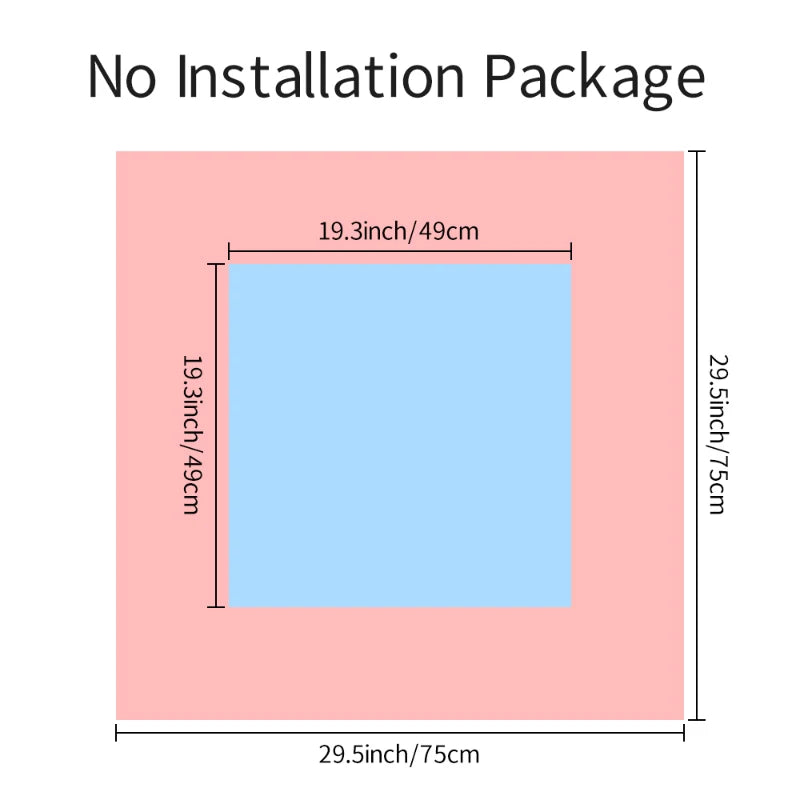 Measurement chart with pink border and blue center, showing dimensions in inches and centimeters.