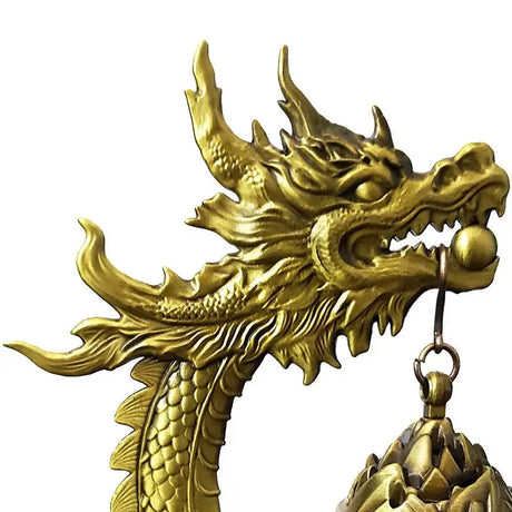 Close-up of a gold dragon head sculpture on a white background