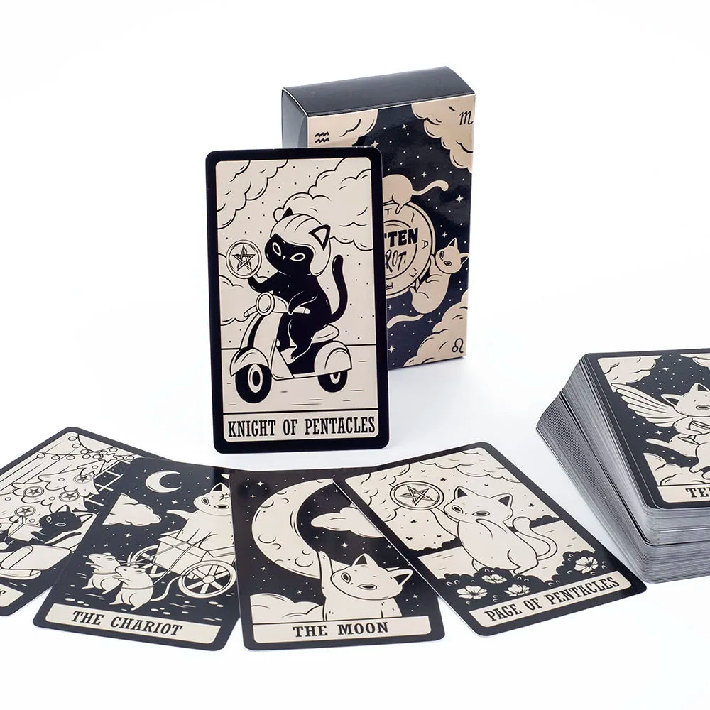Set of tarot cards with cat illustrations on a white background
