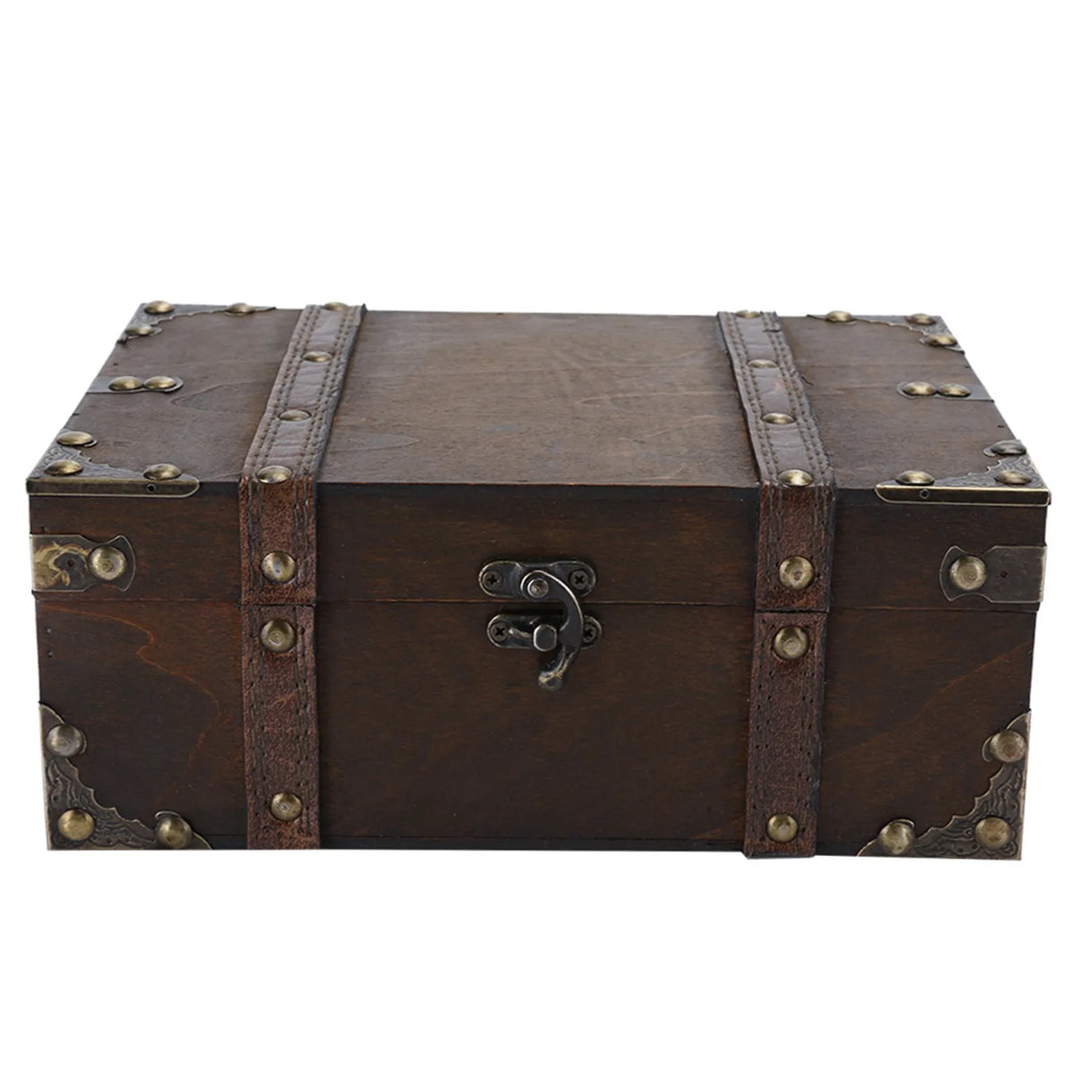 Vintage-style wooden chest with brass studs and lock on a white background
