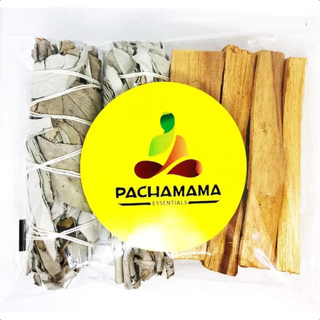Pachamama Essentials packaging with dried herbs and wooden sticks on a white background
