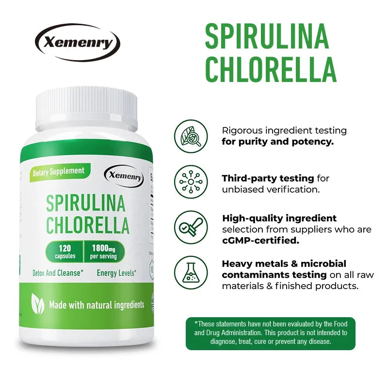 Spirulina Chlorella supplement bottle with Xemenry branding and product details on a white background.