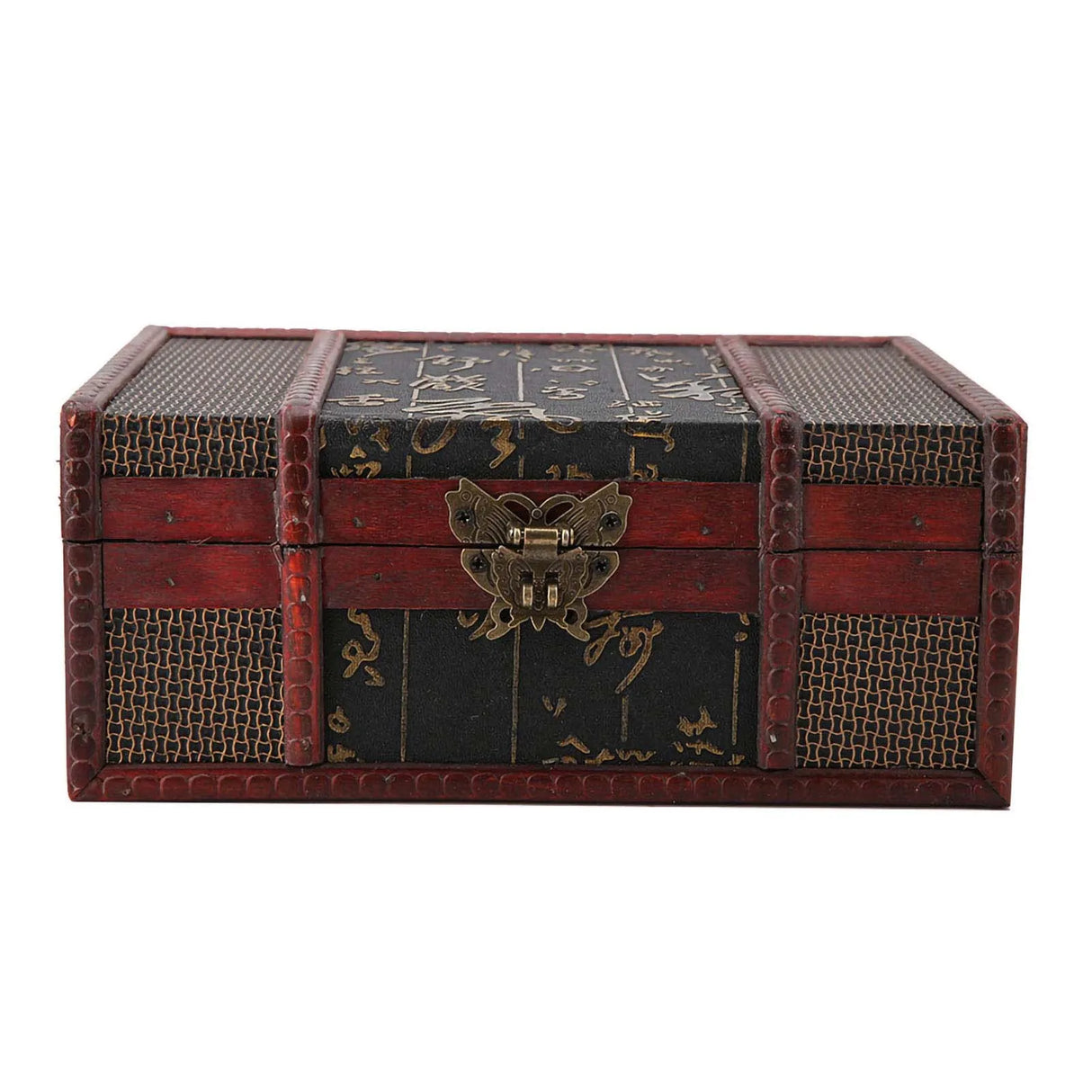 Decorative wooden box with intricate designs and a brass lock on a white background
