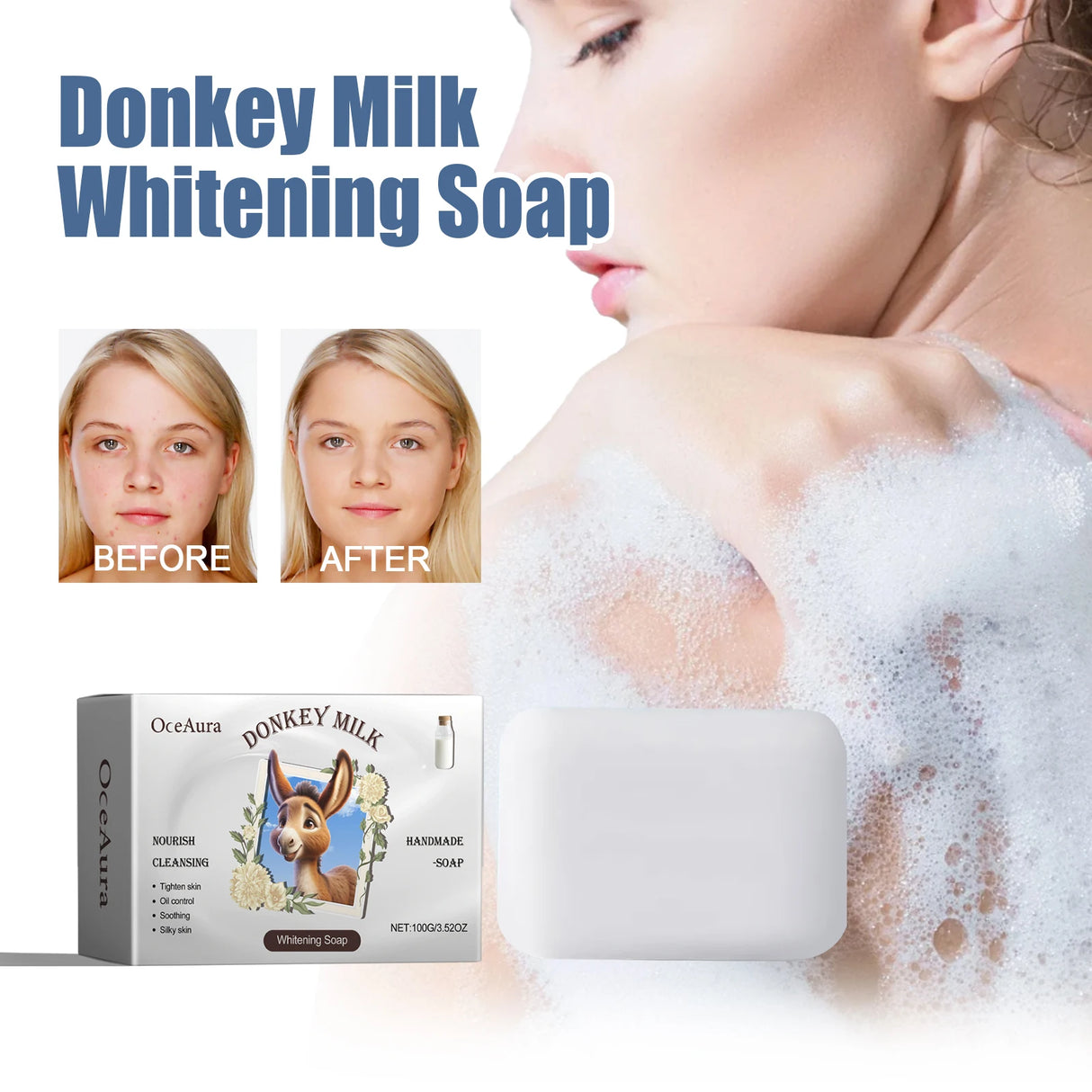 Donkey milk whitening soap with before and after effects on skin, and product packaging.