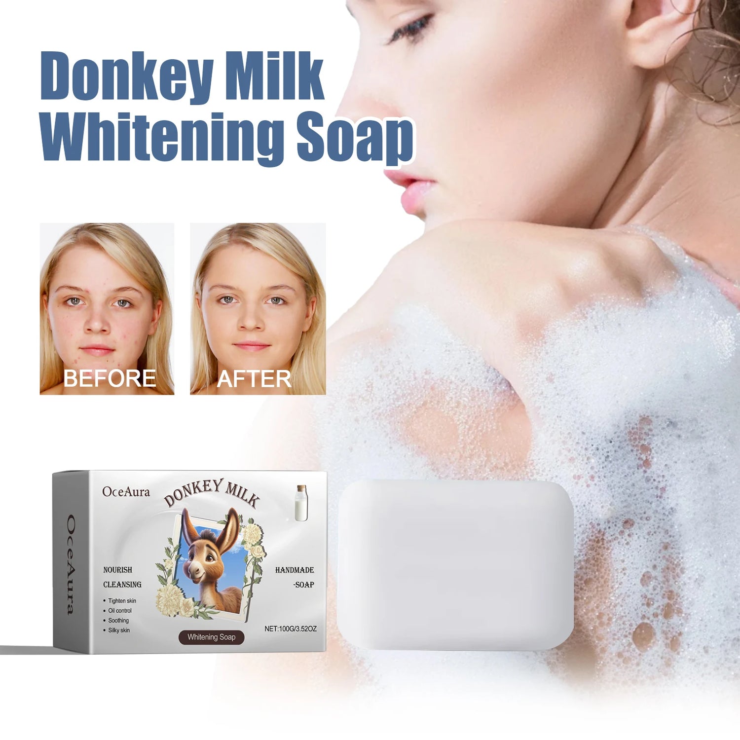 Donkey milk whitening soap with before and after effects on skin, and product packaging.