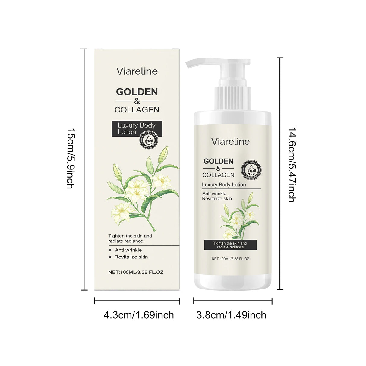 Viareline Golden & Collagen Luxury Body Lotion with packaging dimensions on a white background