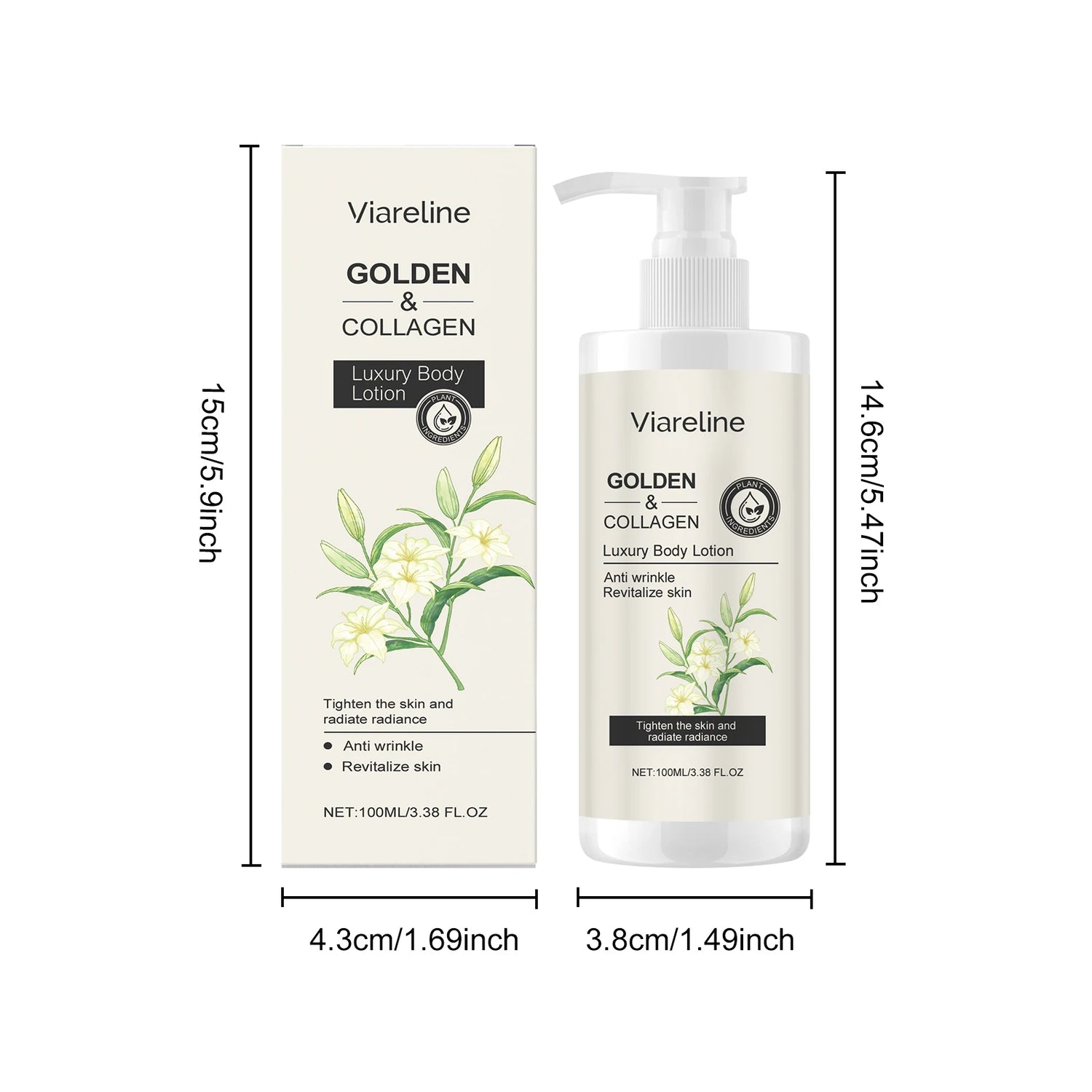 Viareline Golden & Collagen Luxury Body Lotion with packaging dimensions on a white background