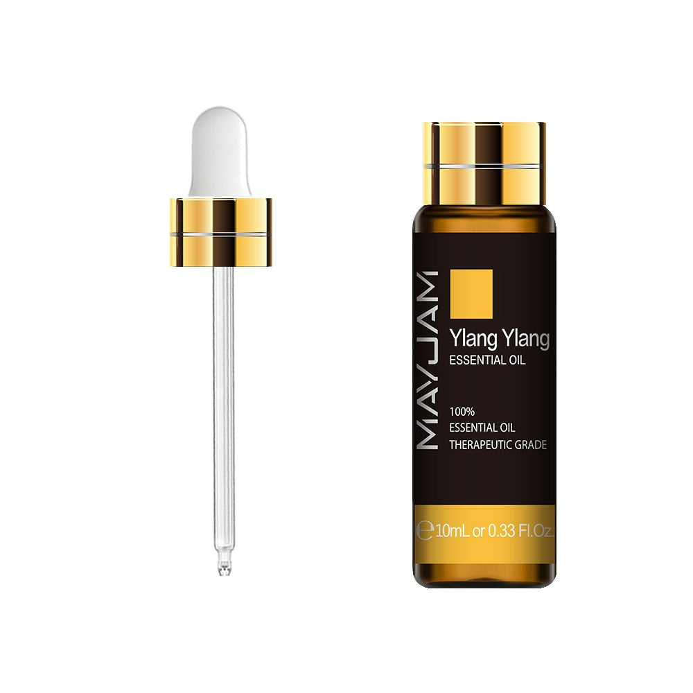 MayJam Ylang Ylang essential oil bottle with dropper on a white background