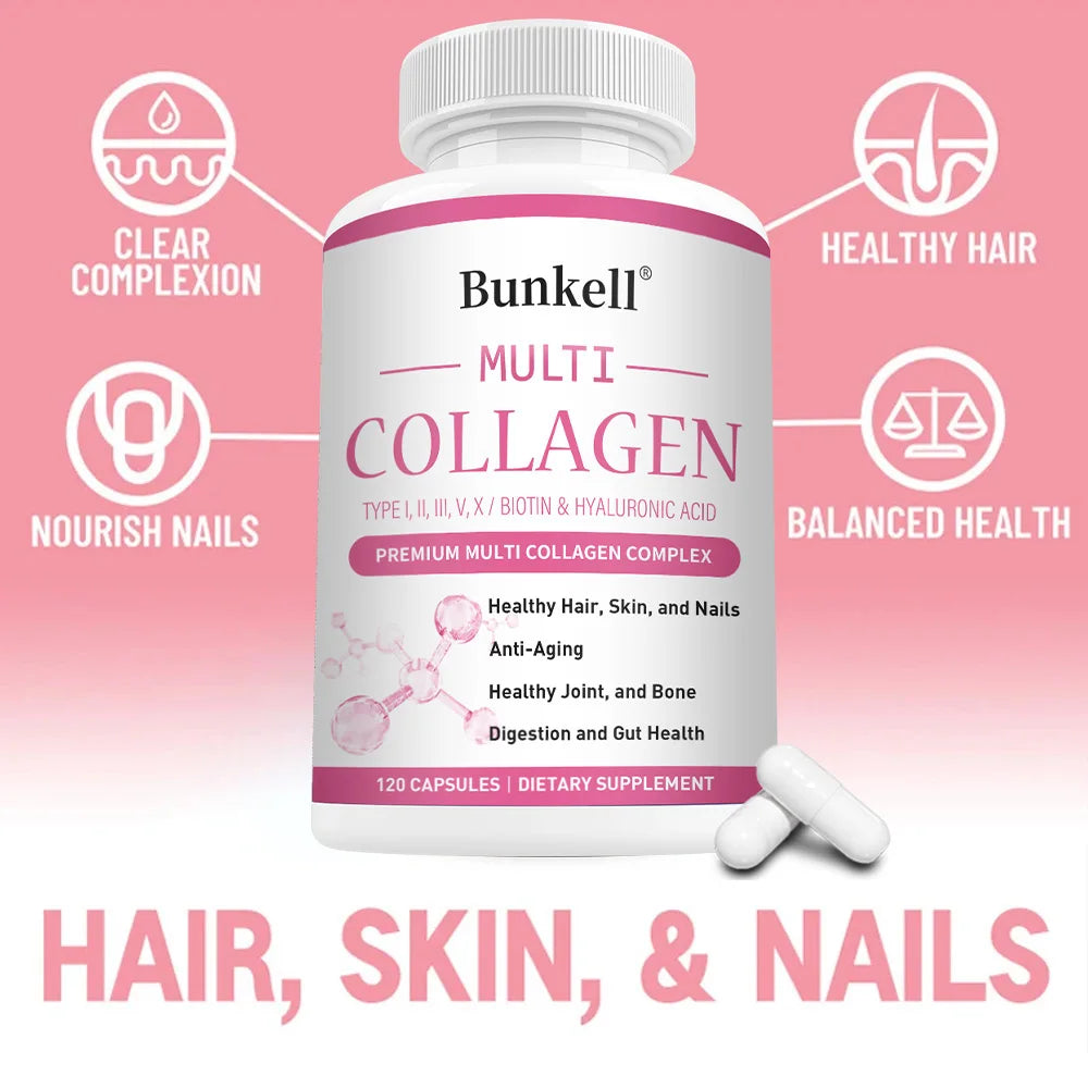 Bunkell Multi Collagen supplement bottle with benefits on a pink background