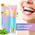UTOGRU toothpaste tube and packaging with mint leaves, showing a close-up of a mouth with fresh breath.